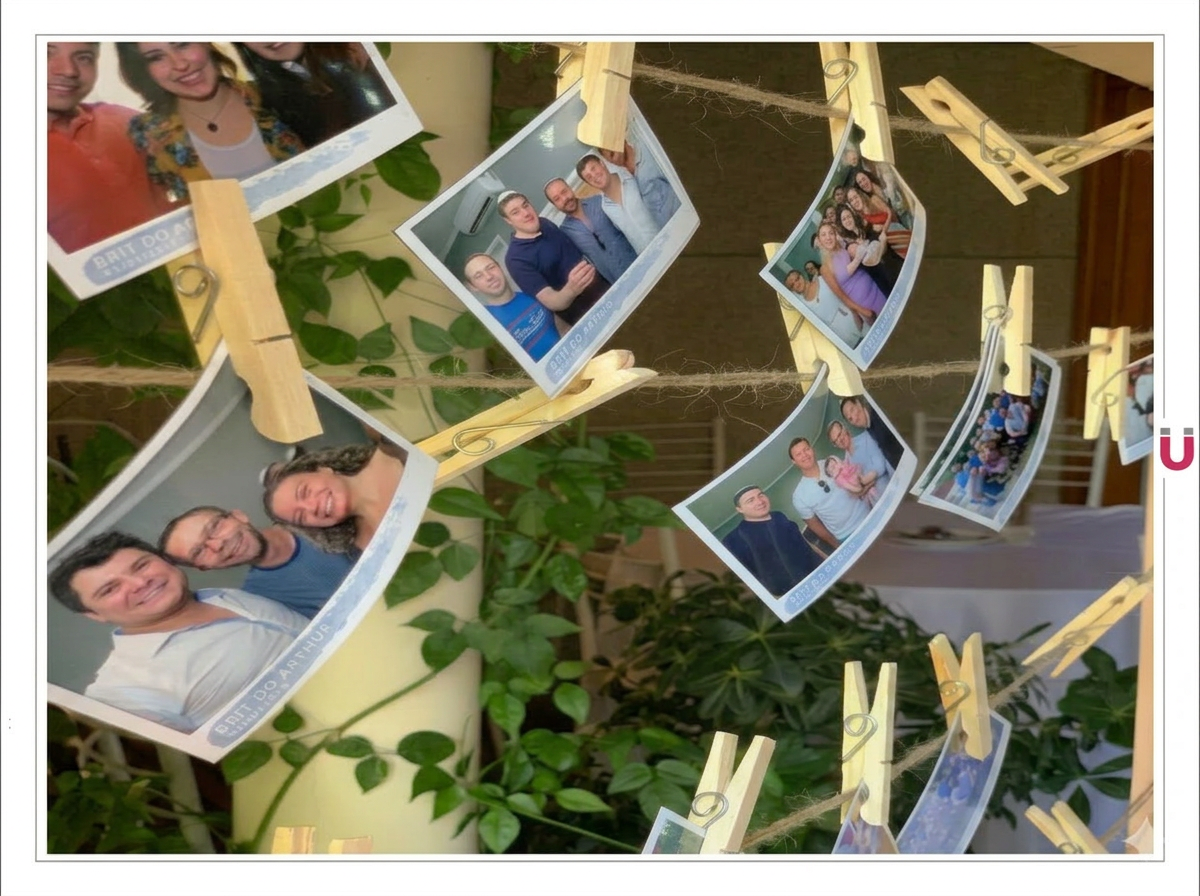 Foto-ímãs pendurados em varal com prendedores de madeira